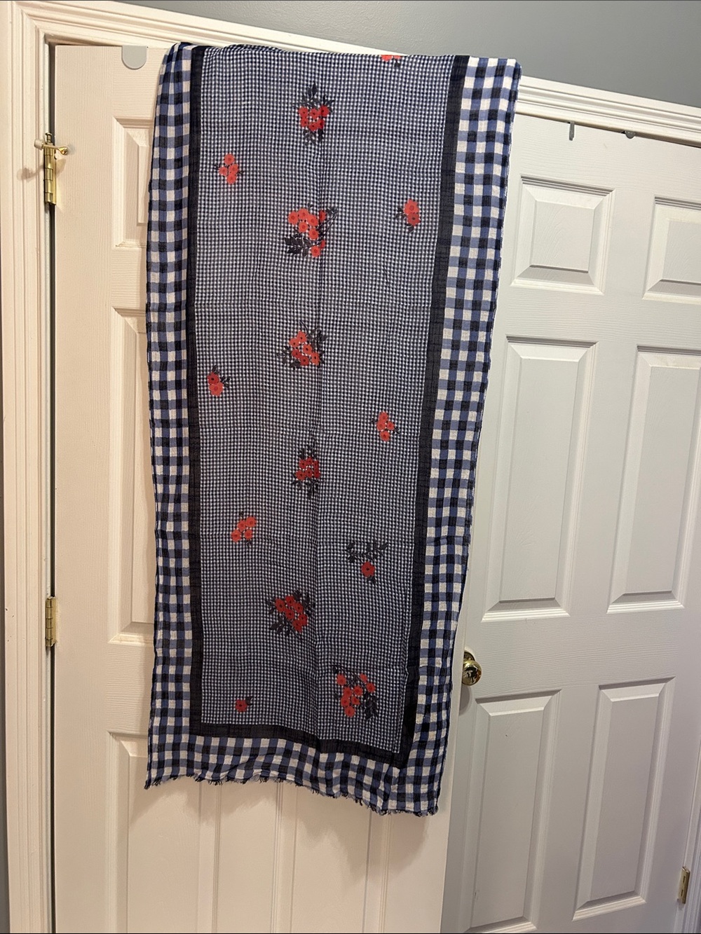 Talbots Gingham Border Scarf with Red Floral Accents